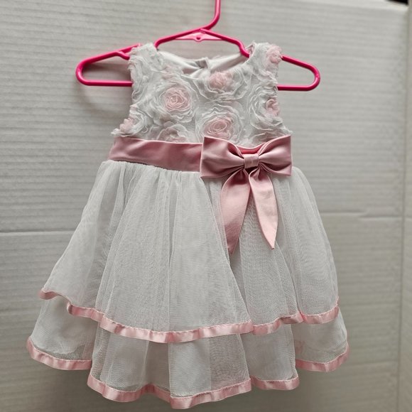 Rare Edition Girls Infant Toddler Pink White Satin bow Flower Dress Sleeveless 9 - Picture 1 of 16